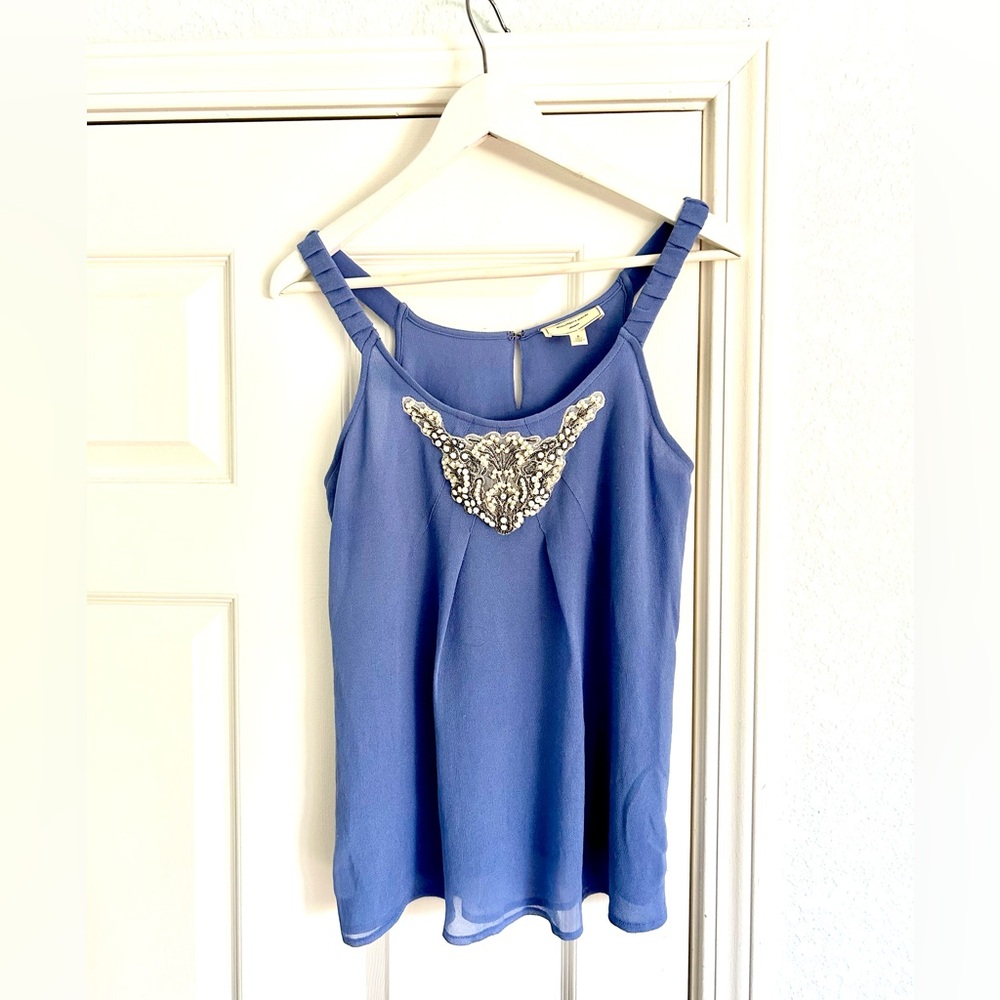 Anthropologie Moulinette Soeurs Blue Lace Beaded Sleeveless Top, Size 6